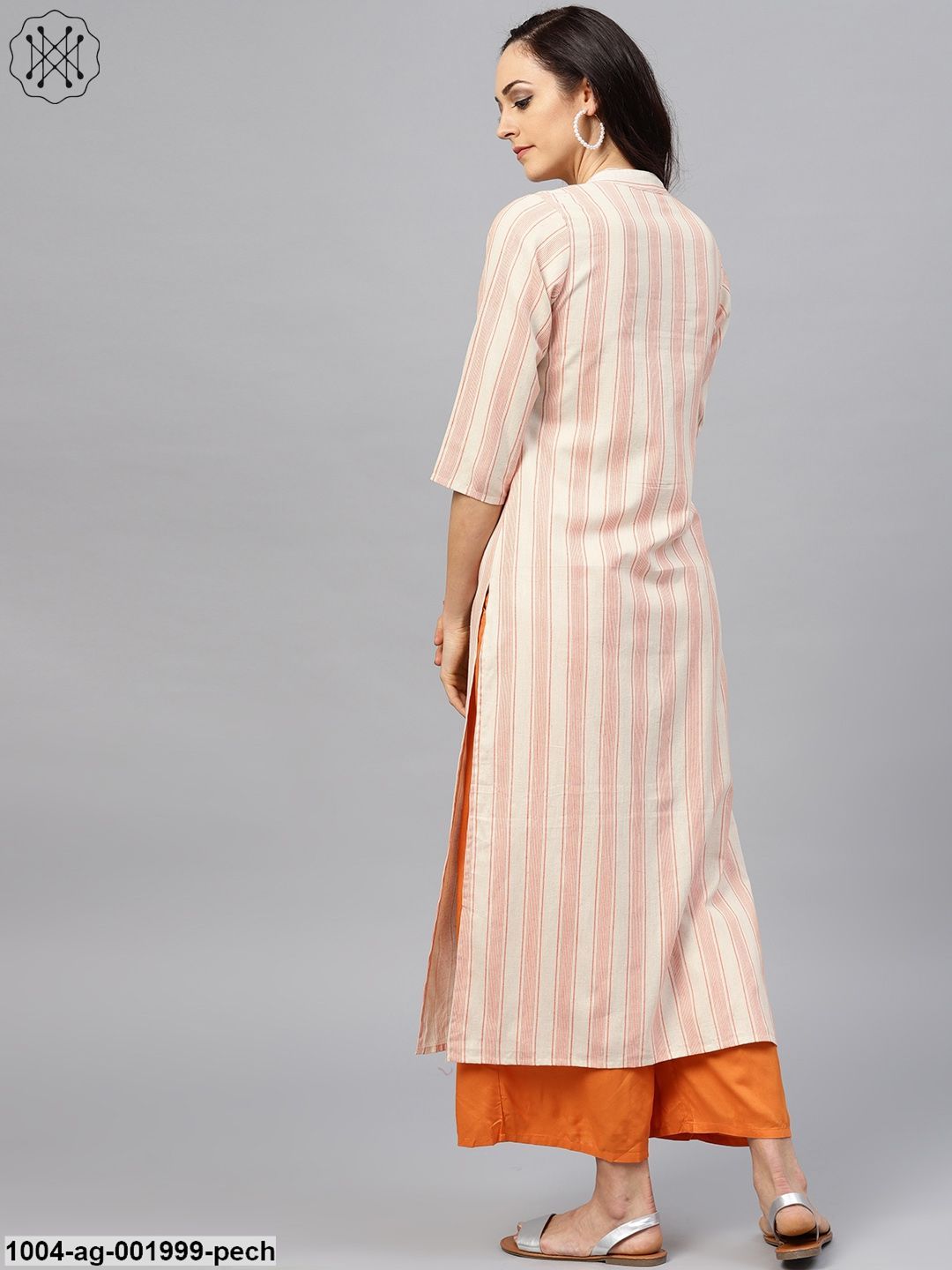 Peach And White Striped Kurta With Mandarin Collar And 3/4 Sleeves - Image 3