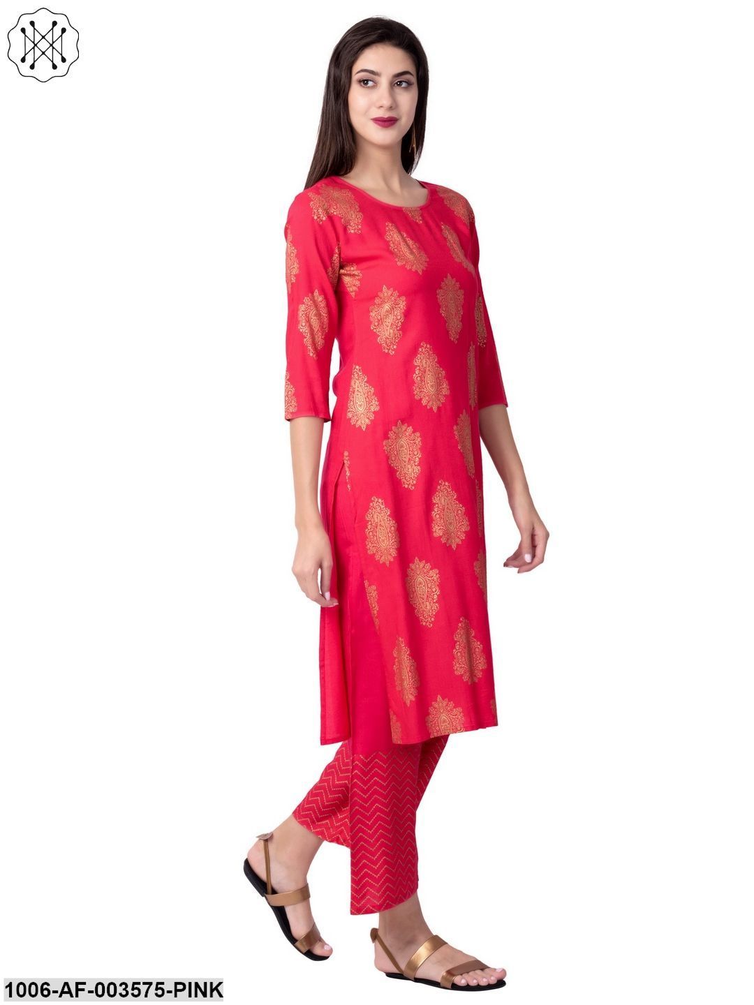 Women's Straight Rayon Printed Kurta Pant Set (Pink) - Image 2