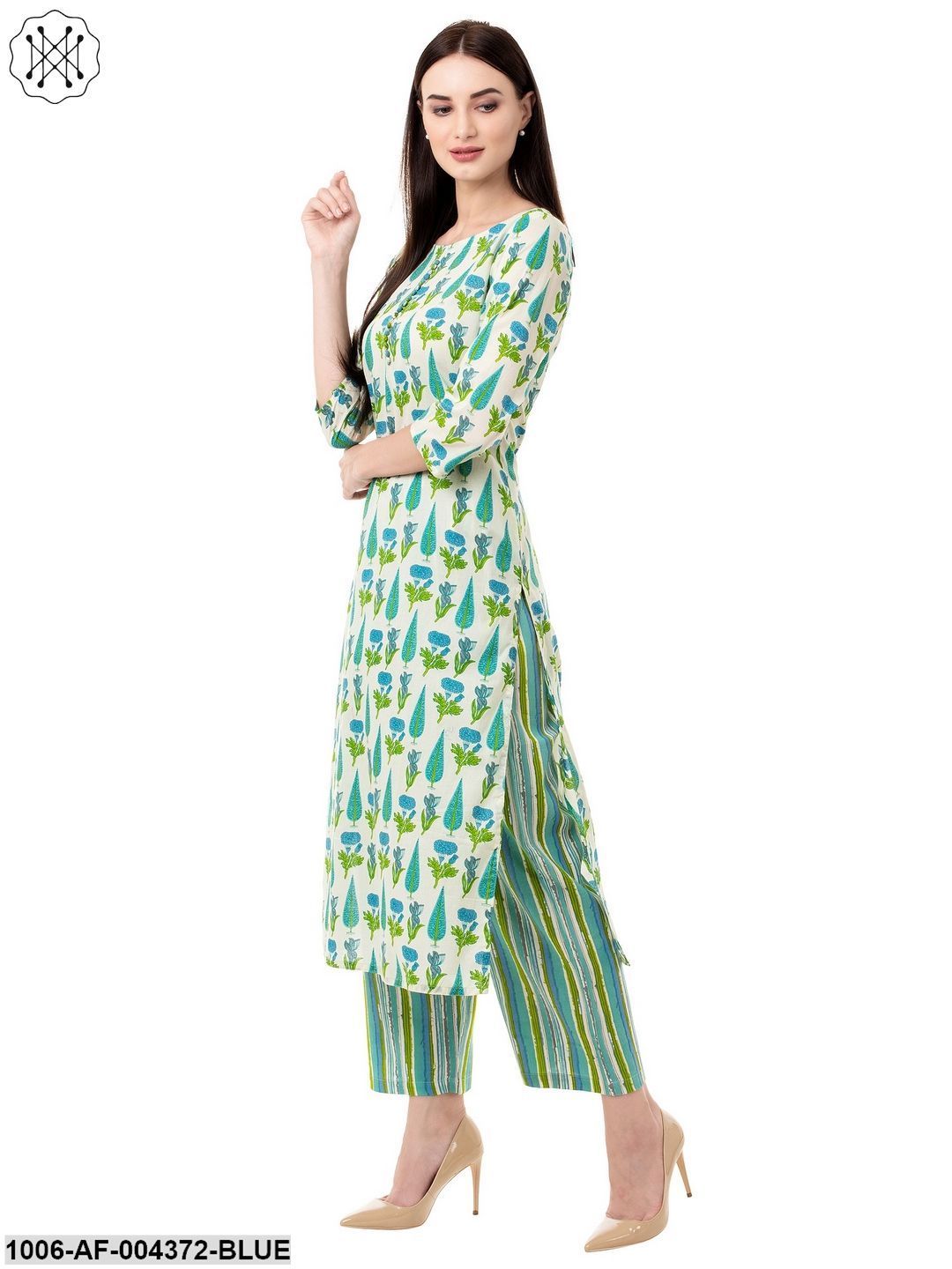 Women's Straight Cotton Printed Kurta Pant Set (Blue) - Image 2