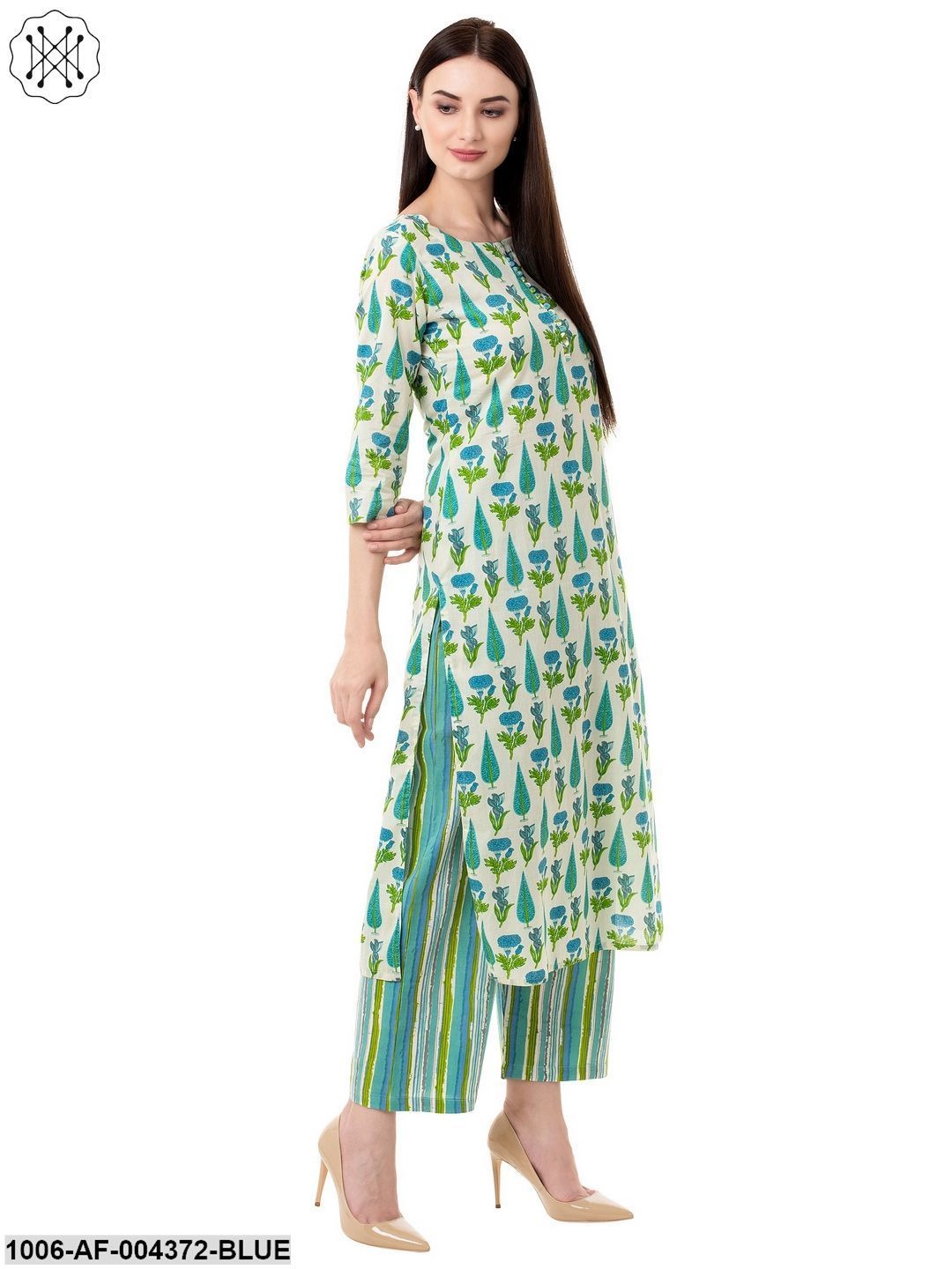 Women's Straight Cotton Printed Kurta Pant Set (Blue) - Image 4