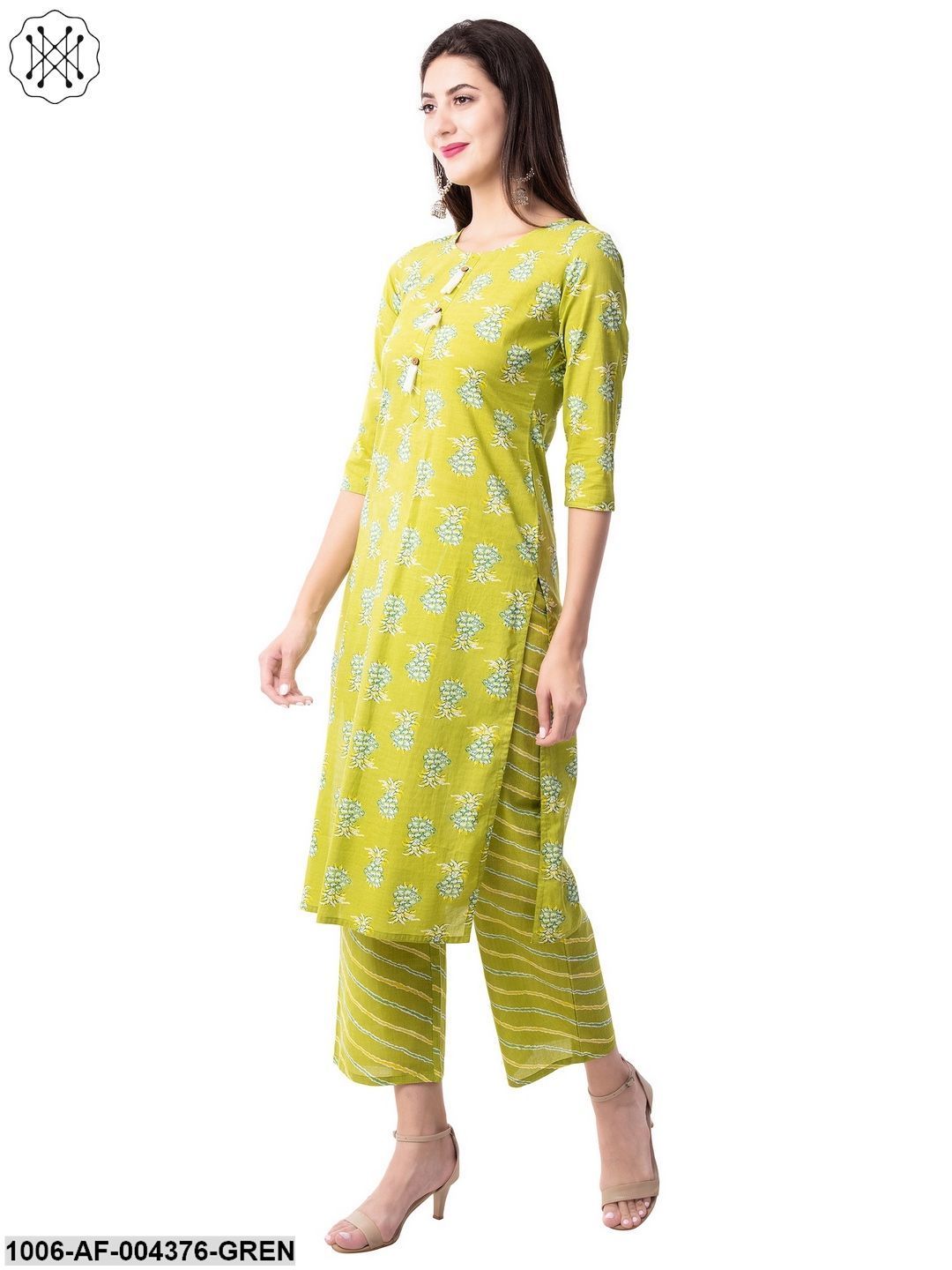 Women's Straight Cotton Printed Kurta Pant Set (Green) - Image 4