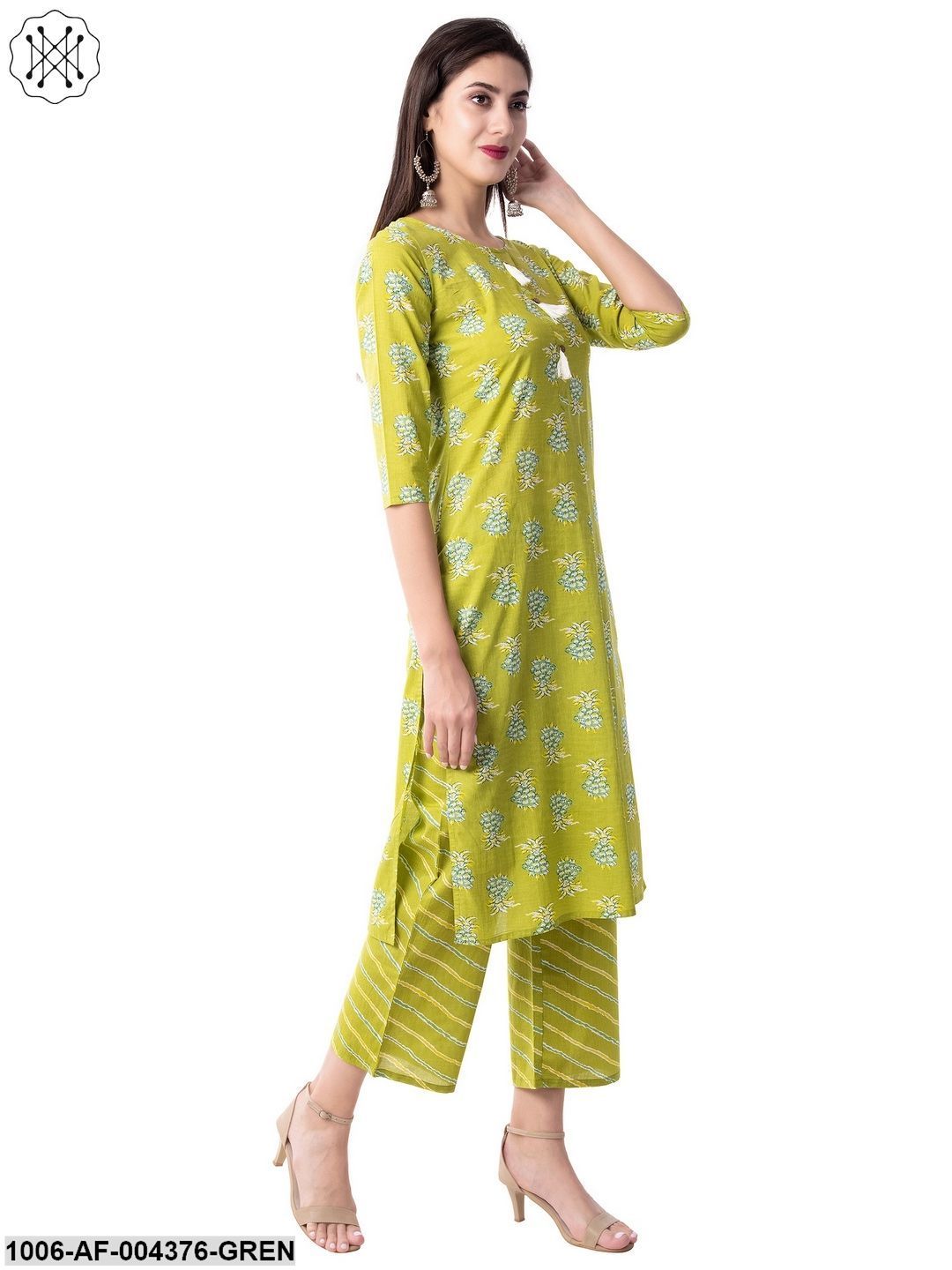Women's Straight Cotton Printed Kurta Pant Set (Green) - Image 2