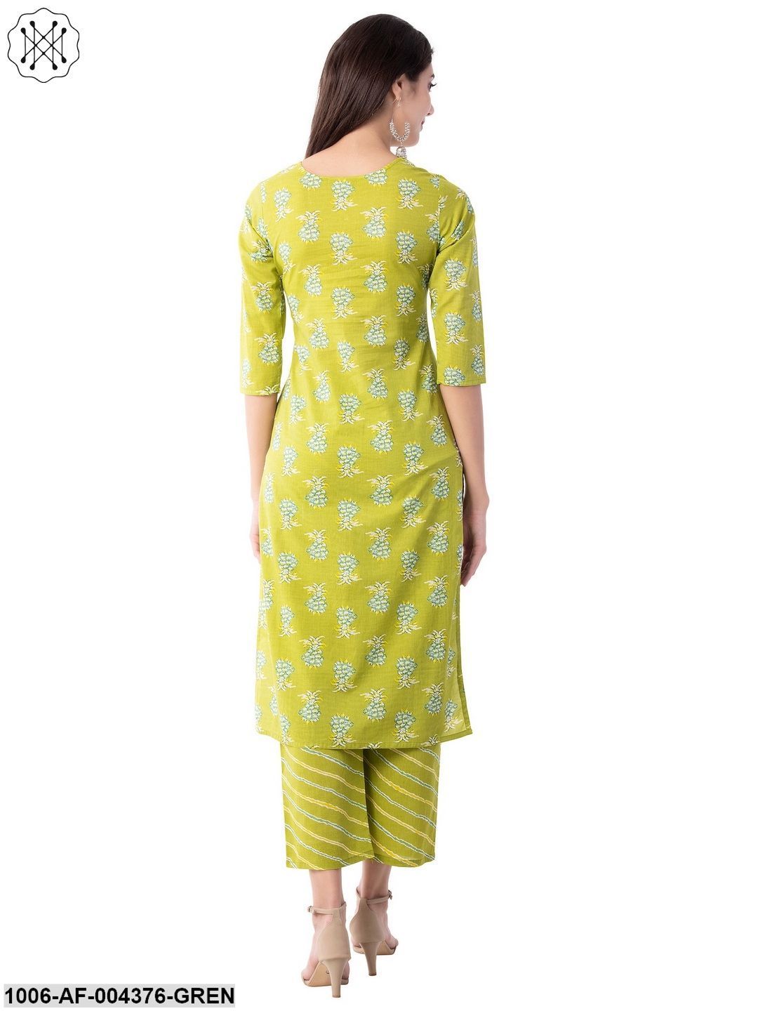 Women's Straight Cotton Printed Kurta Pant Set (Green) - Image 3